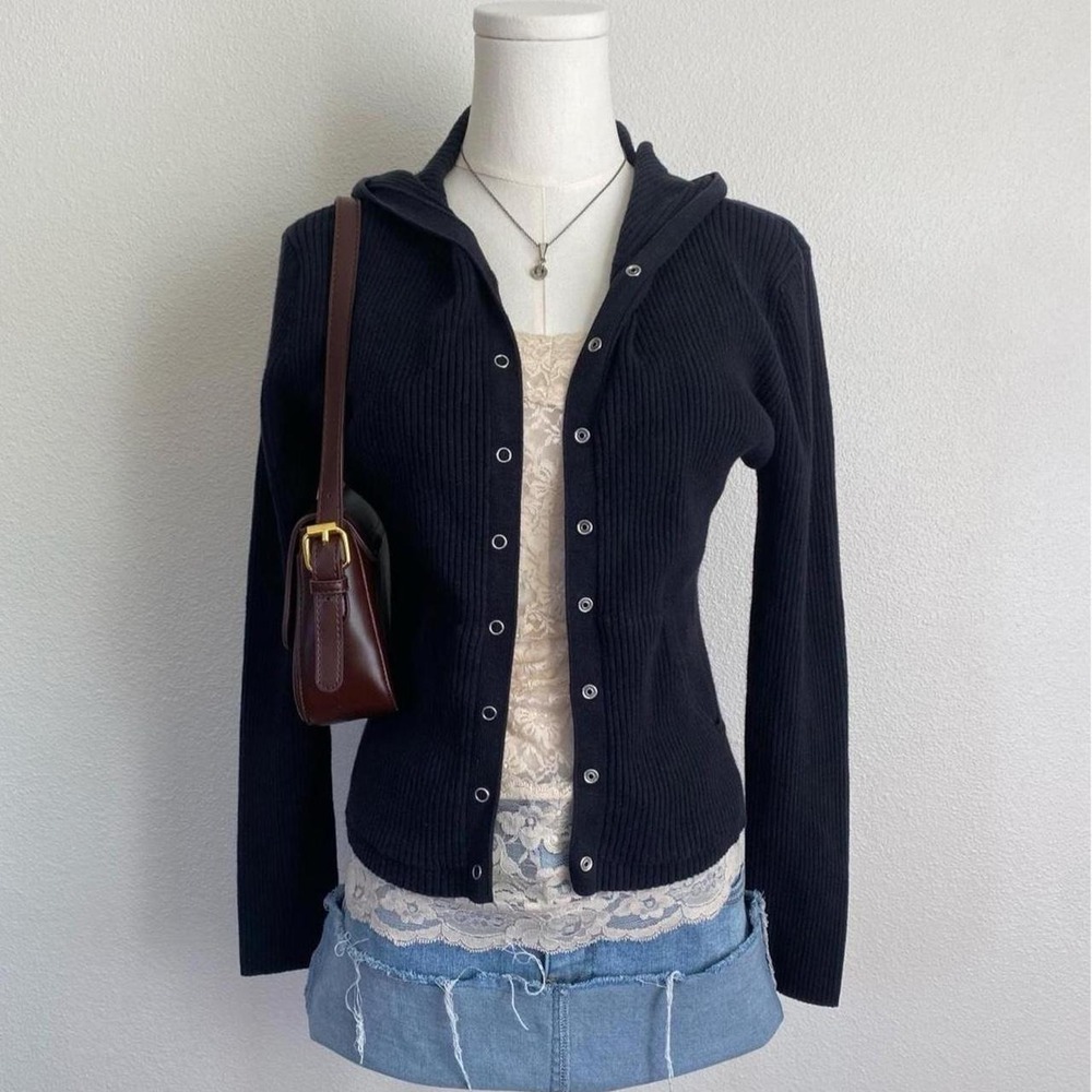 Vintage Y2K It's Our Time Button Snap Black Hooded Cardigan Sweater Top
